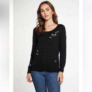 NWT Chaser Love And Peace Badges Cotton/Cashmere Crewneck Sweater Pullover S